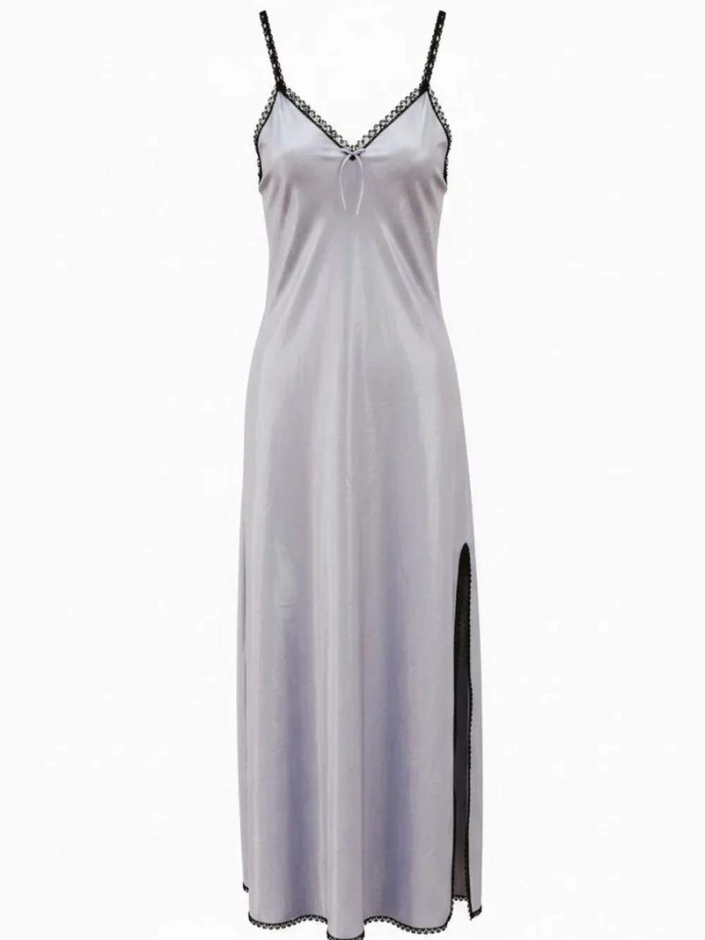 Vintage Satin Slip Dress Lingerie Lavendar Grey Black Crochet Lace Trim Slit S - Picture 1 of 9